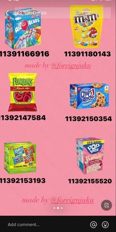 a pink background with many different types of snacks on the screen and numbers below it