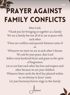 a prayer card with the words prayer against family conflicts