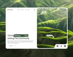 an image of a website page with green hills in the background and text reading caring nature, unifying the community