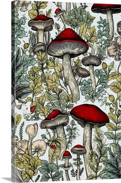 a group of mushrooms and plants on a white background with red caps, leaves and stems