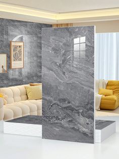 a living room with marble walls and furniture