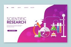 the landing page for scientific research is shown in purple and pink colors with laboratory equipment