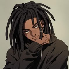 a man with dreadlocks on his head and hand under his chin looking to the side