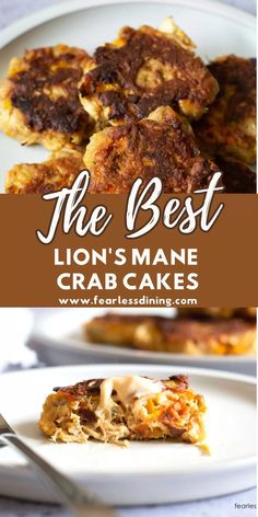 the best lion's mane crab cakes on a white plate with text overlay