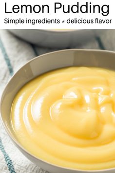 a bowl filled with lemon pudding on top of a white towel next to another bowl