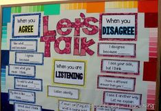 a bulletin board with different types of words and phrases on it, including the words let's talk