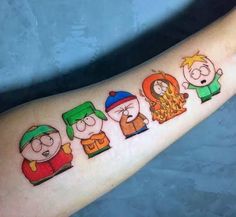 a person with a cartoon tattoo on their arm that says, family guy and friends