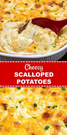 cheesy scalloped potatoes in a casserole dish with a red spoon