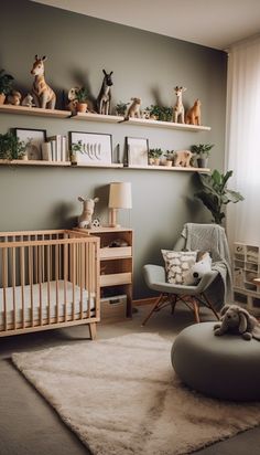 a baby's room with stuffed animals on the shelves