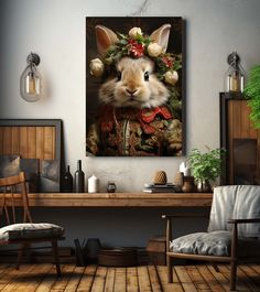 a painting of a rabbit dressed up as a nutcracker with flowers in its hair