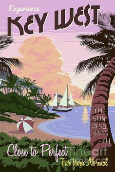 an advertisement for key west featuring sailboats on the water and palm trees in the foreground