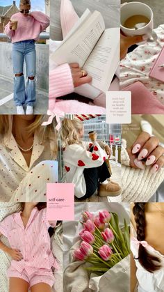 a collage of photos with pink and white tulips, coffee cup, woman in sweater, flowers