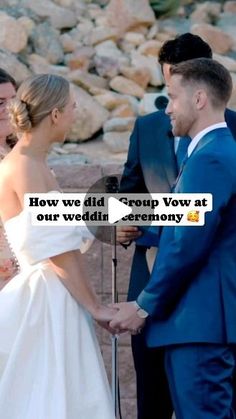 a man and woman standing next to each other in front of a rock wall with the words how we did grow row at our wedding ceremony