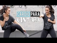 two women in black shirts and leggings are doing exercises with the words cardio para cintura