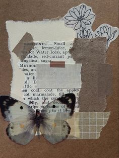 an altered photograph of a butterfly and flowers on brown paper with newspaper clippings