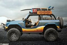 a blue jeep with surfboards on the roof