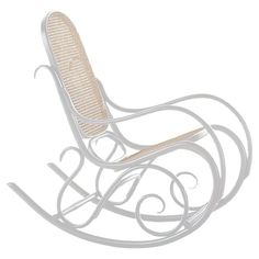 a white rocking chair with wicker seat and armrests on a white background