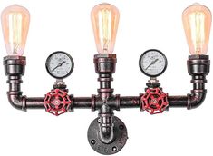 the light fixture is made out of pipes with gauges and clocks on it's sides