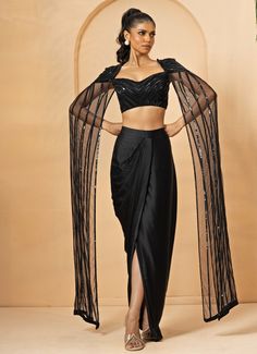 Black Dhoti Skirt Set Quench A Thirst - Fabilicious Fashion Net Cape Dress Indian, Dhoti Skirt Outfits With Cape, Dhoti Style Skirt, Dhoti Skirt Outfits, Drape Skirt Indian, Indowestern Outfits Casual, Sangeet Night Outfit, Cocktail Night Outfit, Black Indian Outfit