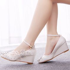 Details: Style: elegant Embellishment: Lace, Rhinestone Heels Type: Wedge heels Heel height: 5.5cm Closure Type: Buckle Strap Toe: Round Toe Upper Material: PU Sole Material: Rubber Lining Material: Leather Flower Wedding Shoes, Zapatos Mary Jane, Heels Casual, Elegant High Heels, Low Heel Wedges, Wedding Shoes Heels, Ankle Strap Wedges, Rhinestone Heels, Low Wedges