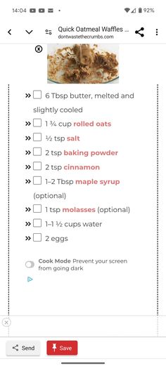 an app showing the instructions for making oatmeal waffles and other breakfast foods