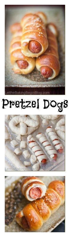 hot dogs and pretzel dogs are shown in three different pictures with the words pretzel dogs above them