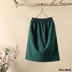 Olivia Mark - Cotton Linen Midi Skirt Casual Loose Literary Style Skirt Solid Color Half Skirt Green Cotton Skirt With Pockets, Green Non-stretch Maxi Skirt, Casual Green Lined Pleated Skirt, Green Cotton Knee-length Skirt, Green Knee-length Cotton Skirt, Green Cotton Midi Skirt, Green Non-stretch Skirt With Elastic Waistband, Green Midi Skirt With Pockets, Green Long Skirt With Pockets