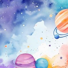 watercolor painting of planets and stars in the sky