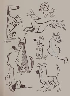 a drawing of dogs and cats in various poses