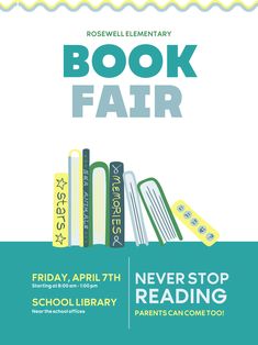 book fair, poster, flyer, canva, free template, design, printable, school, blue Book Drive Poster, Book Event Poster Design, Book Club Poster Design, Library Poster Design, Book Club Flyer