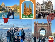 the collage shows people posing for pictures in front of buildings, and an arch that reads barcelona