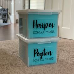 two plastic containers with the words harper school years written on them