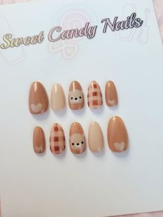 Teddy Bear Nails Short, Brown Nails Korean, Brown Bear Nails, Teddy Bear Nail Designs, Uñas Press On, Bear Nails Designs, Cute Bear Nails, Cute Brown Nails, Teddy Nails