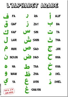 arabic alphabets with different letters and numbers in green ink on white paper, which are also