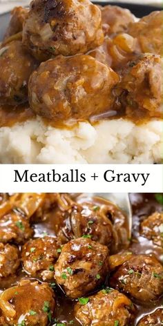 meatballs and gravy are served on top of mashed potatoes