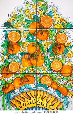 an artistic tile design with oranges and leaves on it - stock photo, art work