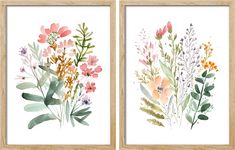 two watercolor paintings of flowers and leaves on white paper with wood frame, one in the foreground