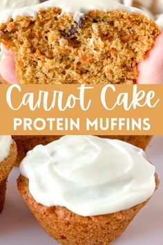 carrot cake protein muffins with cream cheese frosting on the top and bottom