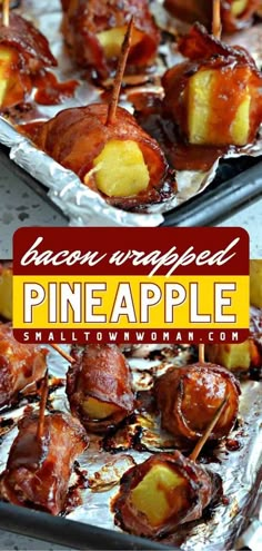 bacon wrapped pineapples with toothpicks in tin foil on a red and white background