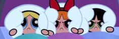 three cartoon characters are peeking out from behind the covers on their heads, with one looking at the camera