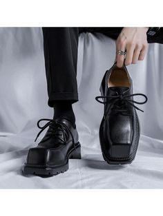 Men Lace Up Square Toe Derby Shoes, Work Office Black Dress Shoes Black     Plain    Men Shoes, size features are:Bust: ,Length: ,Sleeve Length: Korean Office Fashion, Mens Platform Shoes, Man Japan, Derby Shoe, Korean Streetwear, Leather Wedding, Fashion Business, Leather Shoes Men, Business Dresses