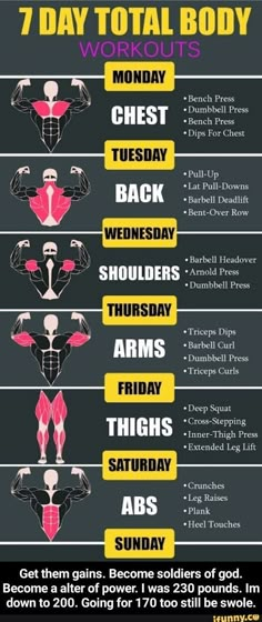 the 7 day total body workout plan is shown in this graphic style, and includes exercises for