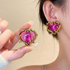 Weight 36g/Pair Size 3.22.9 Cm Earrings Might Be A Little Bit Heavy Gold Heart Stud Earrings, Gold Heart Studs, Amethyst Studs, Heart Crystal, Metal Heart, Heart Gemstone, Colorful Earrings, Birthstone Earring, Gemstone Studs