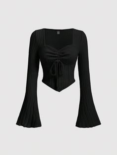 Black Casual Collar Extra-Long Sleeve Knitted Fabric Plain  Embellished Medium Stretch  Women Clothing Cute Long Shirts, Long Sleeve Shirt Women, Crop Top Long Sleeve, Tops Trendy, Cropped Long Sleeve Top, Flared Sleeves Top, Shirt Blouses Women's, Drawstring Top