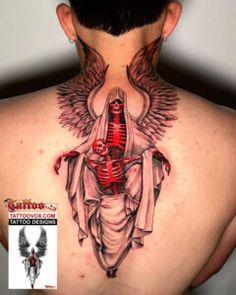 the back of a man's neck with a skeleton and angel tattoo on it