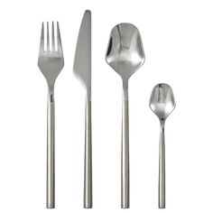 three forks, two spoons and one knife on a white background