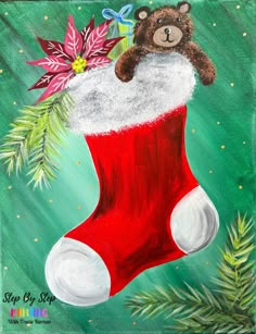 a painting of a christmas stocking with a teddy bear