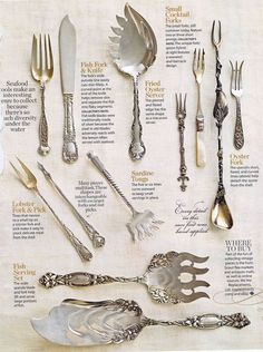 an image of silverware and spoons displayed on a linen napkin with information about them