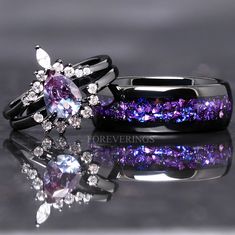 two wedding rings with purple and white stones on the side, one is black and one is silver