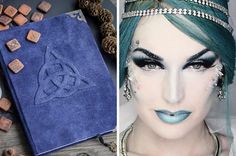 a woman with green hair and makeup next to a blue book covered in chocolates